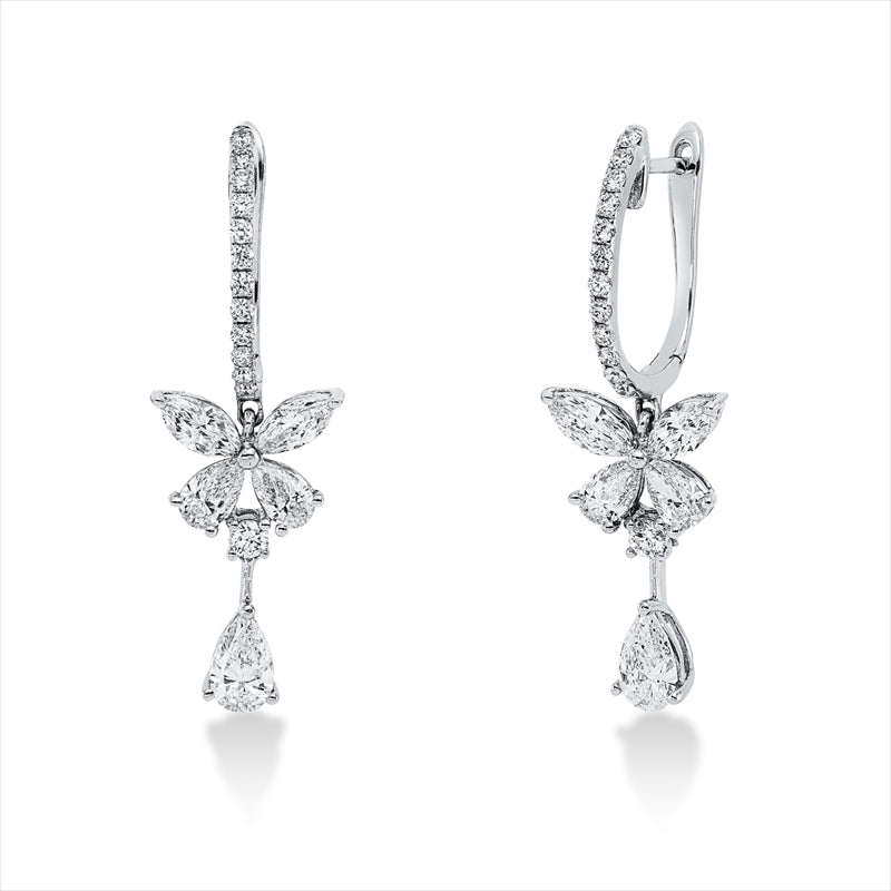 Ohrschmuck 18 kt WG, 4 Nav. 0,59 ct, TW-vsi, 6 Tropfen 1,12 ct, TW-vsi, 26 Brill. 0,30 ct, TW-si