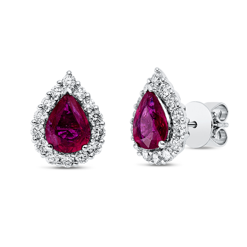 Ohrstecker 18 kt WG, 28 Brill. 0,79 ct, TW-si, 2 Rubine 2,23 ct rot