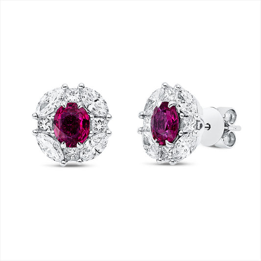Ohrstecker 18 kt WG, 8 Nav. 1,14 ct, F-vsi, 8 Princ. 0,42 ct, F-vsi, 2 Rubine 1,44 ct rot