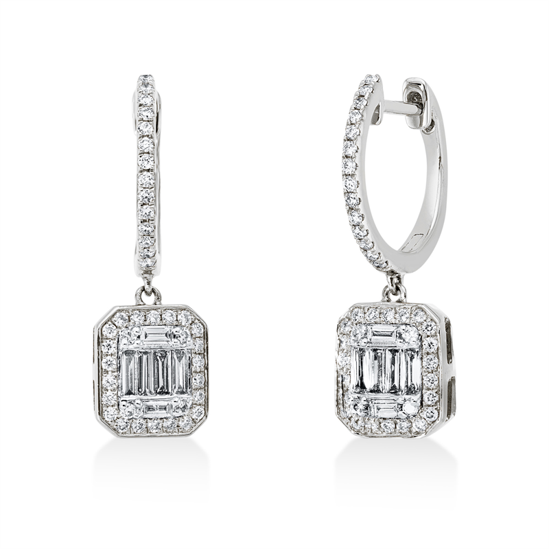Ohrschmuck 18 kt WG, 12 Bag. 0,23 ct, TW-vsi, 80 Brill. 0,30 ct, TW-si
