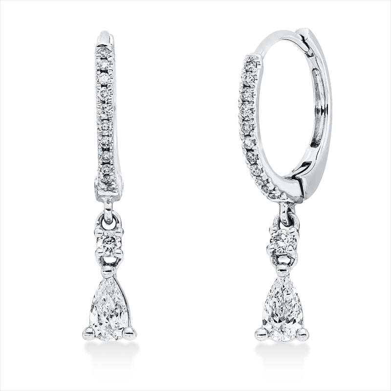 Creolen 18 kt WG, 2 Brill. 0,04 ct, TTLB-si, 2 Tropfen 0,27 ct, TTLB-si, 22 Brill. 0,07 ct, TTLB-si