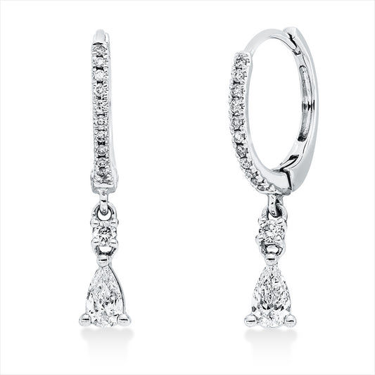 Creolen 18 kt WG, 2 Brill. 0,04 ct, TTLB-si, 2 Tropfen 0,27 ct, TTLB-si, 22 Brill. 0,07 ct, TTLB-si