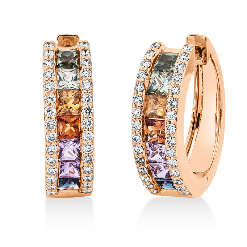 Creolen 18 kt RG, 60 Brill. 0,39 ct, TW-si, 14 Saphire 1,48 ct fancy