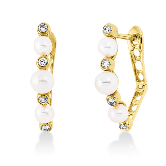 Creolen 18 kt GG, 8 Brill. 0,12 ct, TW-si, 2 ZP weiß 4 mm, 4 ZP weiß 3 mm