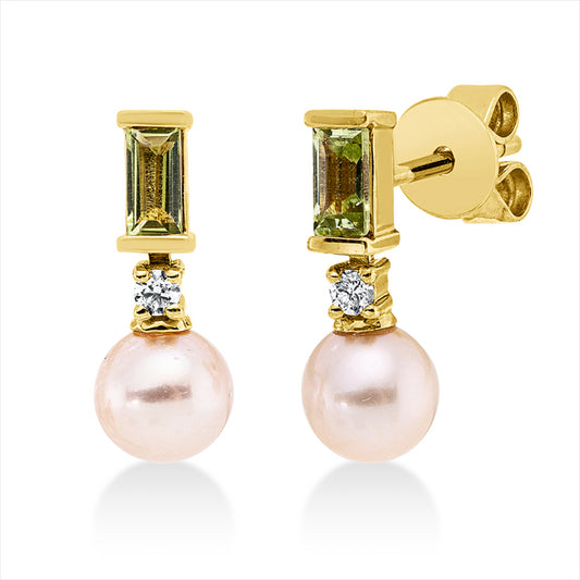 Ohrstecker 18 kt GG, 2 Brill. 0,04 ct, TW-si, 2 Peridot 0,24 ct grün, 2 ZP weiß 5 mm