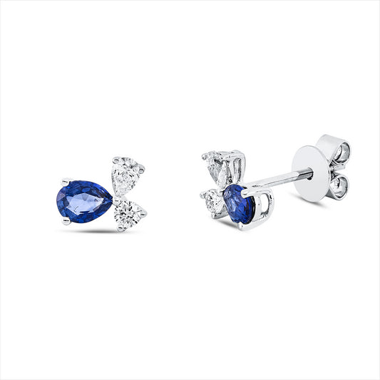 Ohrstecker 18 kt WG, 2 Tropfen 0,11 ct, TW-si, 2 Brill. 0,06 ct, TW-si, 2 Saphire 0,40 ct blau