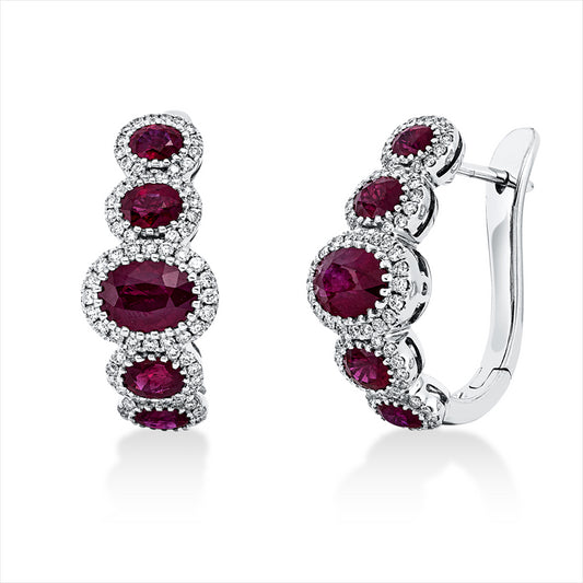 Creolen 18 kt WG, 152 Brill. 0,74 ct, TW-si, 4 Rubine 1,31 ct rot, 2 Rubine 2,18 ct rot, 4 Rubine 0,81 ct rot