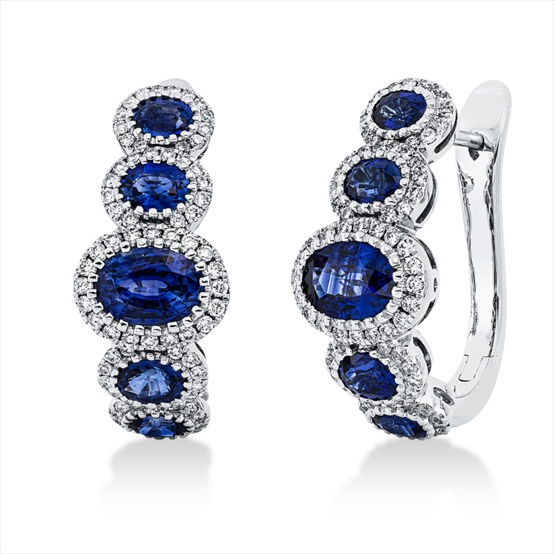 Creolen 18 kt WG, 152 Brill. 0,73 ct, TW-si, 4 Saphire 1,27 ct, 2 Saphire 1,77 ct, 4 Saphire 0,75 ct blau