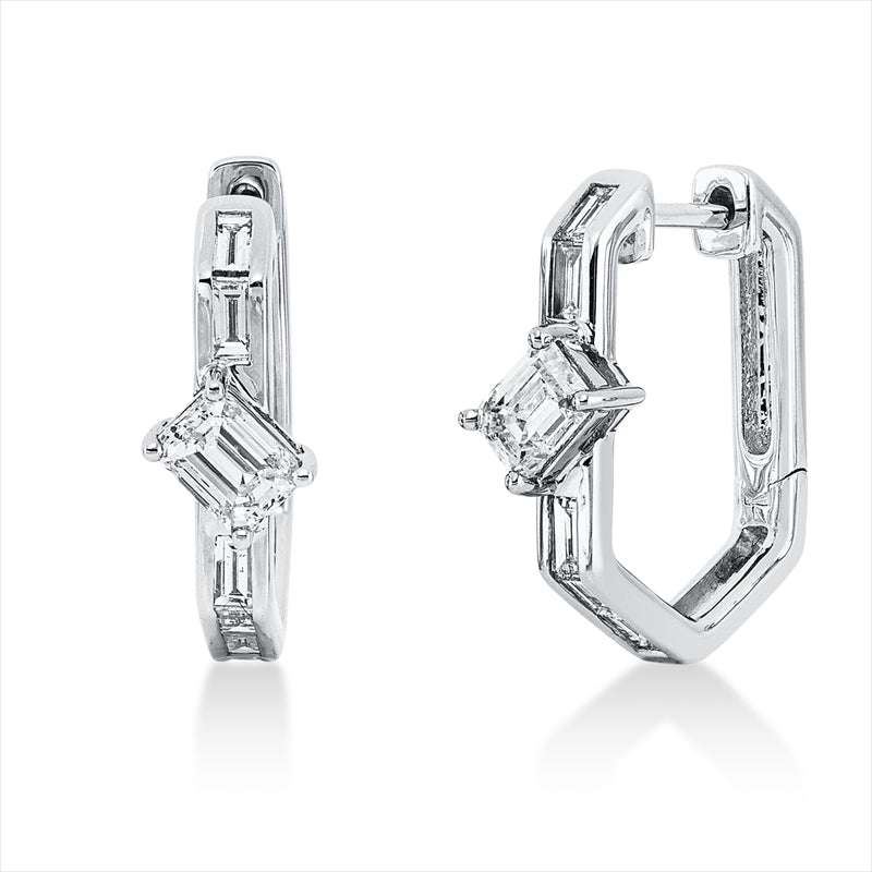 Creolen 14 kt WG, 2 Sm.schliff 0,62 ct, TW-si, 10 Bag. 0,34 ct, TW-si