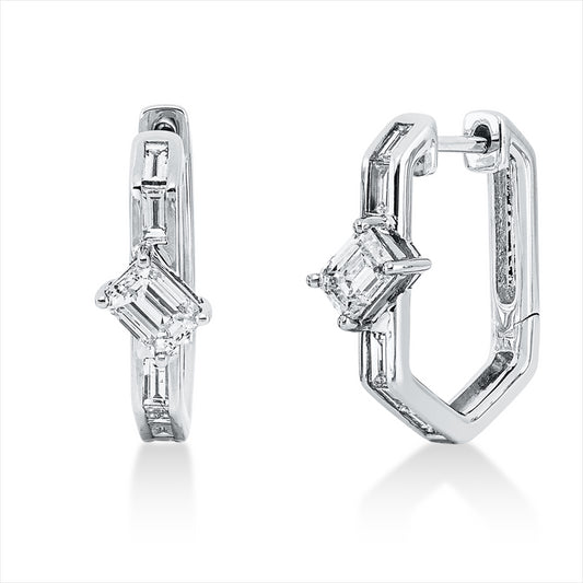 Creolen 14 kt WG, 2 Sm.schliff 0,62 ct, TW-si, 10 Bag. 0,34 ct, TW-si