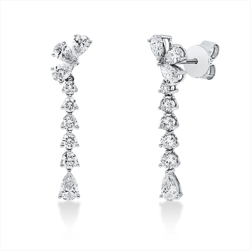 Ohrschmuck 18 kt WG, 6 Tropfen 0,82 ct, TW-vsi, 2 Tropfen 0,42 ct, TW-vsi, 10 Brill. 0,70 ct, TW-vsi