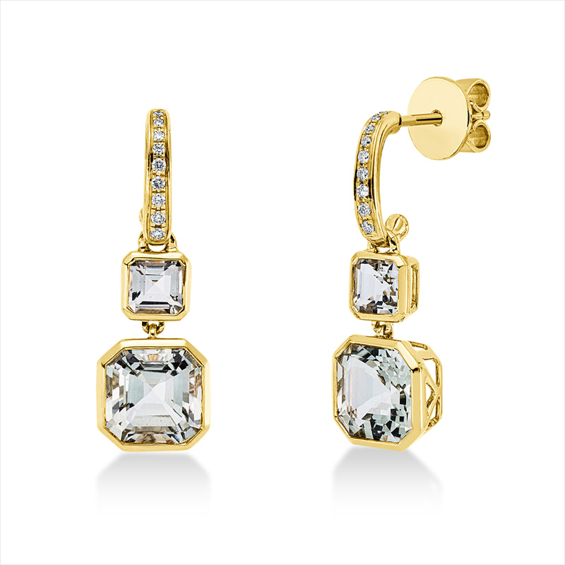 Ohrschmuck 18 kt GG, 18 Brill. 0,09 ct, TW-si, 2 Amethyste 3,20 ct grün, 2 Amethyste 0,70 ct grün