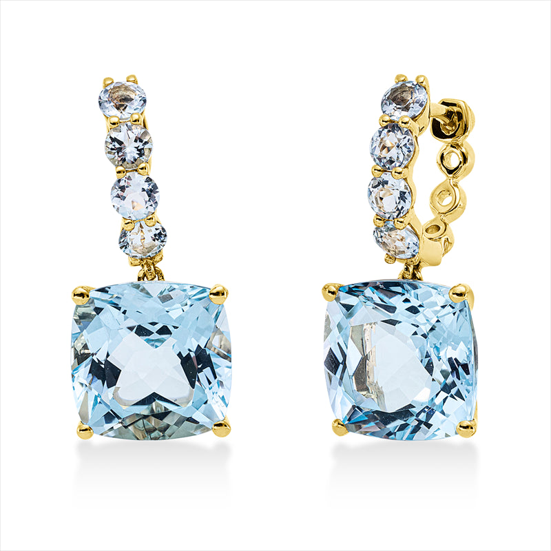 Ohrschmuck 18 kt GG, 2 Topase 12,30 ct sky blue, 8 Topase 1,10 ct sky blue