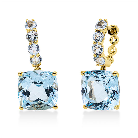 Ohrschmuck 18 kt GG, 2 Topase 12,30 ct sky blue, 8 Topase 1,10 ct sky blue