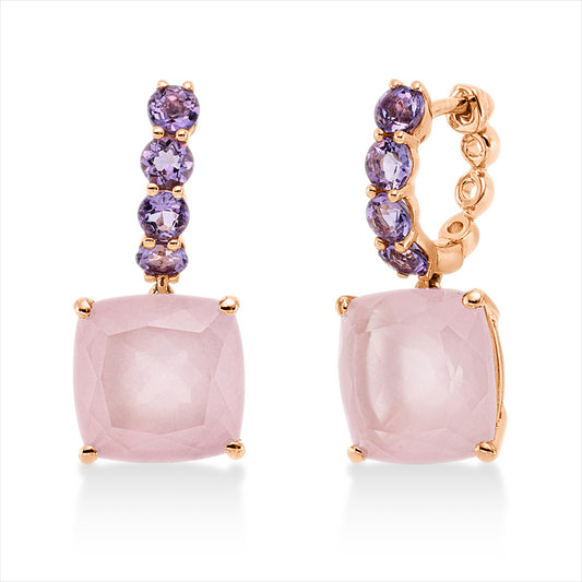 Ohrschmuck 18 kt RG, 2 Rosenquarz 9,20 ct rosa, 8 Amethyste 0,80 ct pink