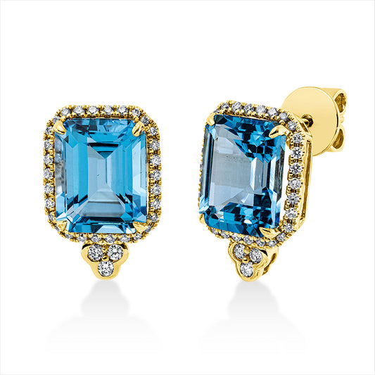 Ohrstecker 18 kt GG, 66 Brill. 0,36 ct, TW-si, 2 Blautopase 8,60 ct blau