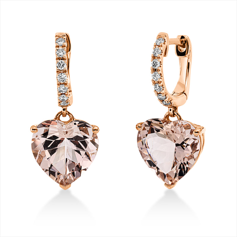 Ohrschmuck 18 kt RG, 14 Brill. 0,18 ct, TW-si, 2 Morganit 6,16 ct rosé