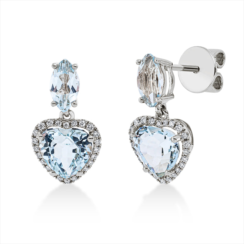 Ohrstecker 18 kt WG, 48 Brill. 0,18 ct, TW-si, 2 Topase 3,30 ct sky blue, 2 Topase 1,10 ct sky blue