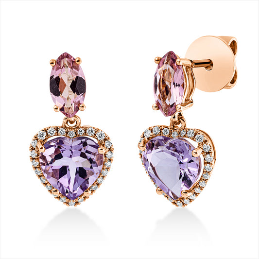 Ohrschmuck 18 kt RG, 48 Brill. 0,17 ct, TW-si, 2 Amethyste 2,50 ct pink, 2 Turmalin 1,00 ct pink