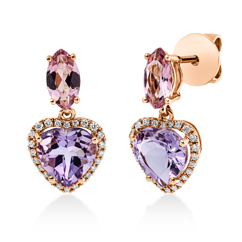 Ohrschmuck 18 kt RG, 48 Brill. 0,18 ct, TW-si, 2 Amethyste 2,50 ct pink, 2 Turmalin 1,00 ct pink