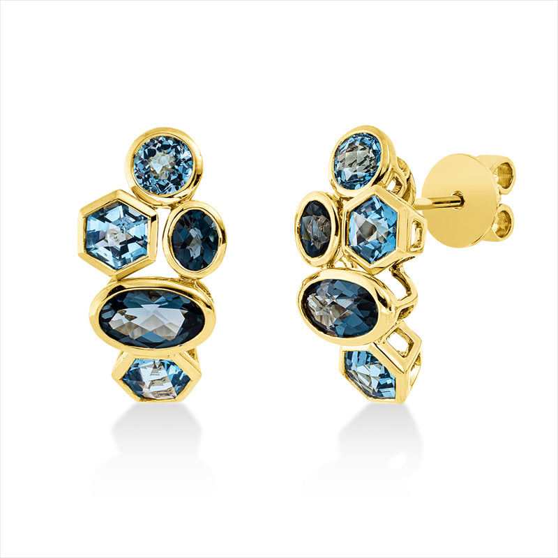Ohrschmuck 18 kt GG, 2 Topase 0,70 ct blau, 4 Topase 1,60 ct Lond. blue, 4 Topase 1,90 ct blau