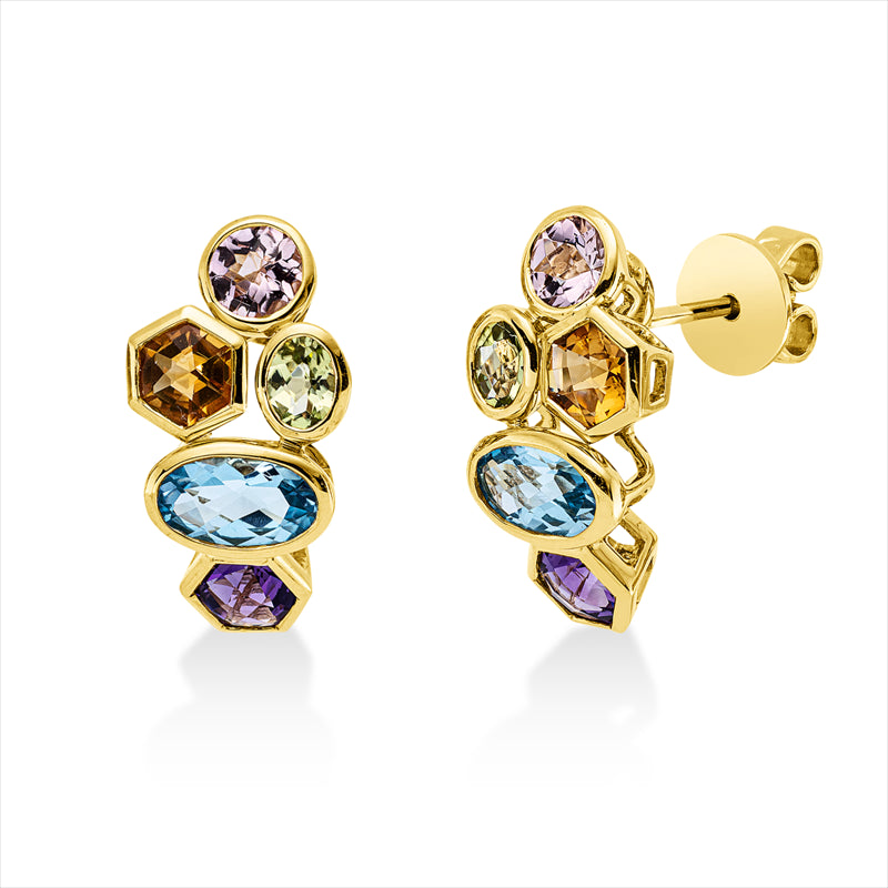 Ohrschmuck 18 kt GG, 2 Ame 0,50 ct, 2 Tur 0,60 ct pink, 2 Per 0,40 ct, 2 Top 1,30 ct blau, 2 Cit 0,50 ct