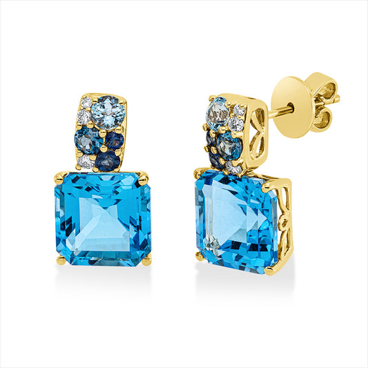 Ohrstecker 18kt GG,6 Brill0,11ct, TW-si,4 Topase 0,80ct multicolor,2 Topase 13,30ct blau,4 Sapp0,30ct blau