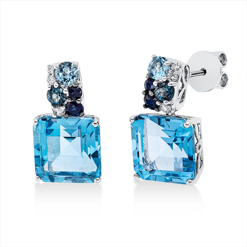 Ohrstecker 18 kt WG, 6 Brill. 0,11 ct, TW-si, 6 Topase 14,00 ct multi. blue,  4 Saphire 0,30 ct blau