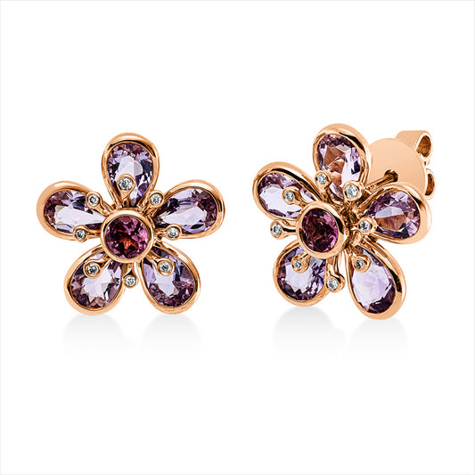 Ohrstecker 18 kt RG, 16 Brill. 0,07 ct, TW-si, 2 Turmalin 0,40 ct pink, 10 Amethyste 3,50 ct pink