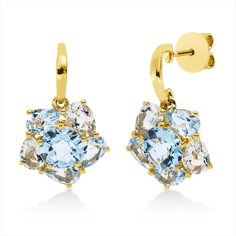 Ohrschmuck 18 kt GG, 8 Topase 5,70 ct sky blue, 2 Amethyste 1,40 ct grün