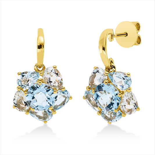 Ohrschmuck 18 kt GG, 8 Topase 5,70 ct sky blue, 2 Amethyste 1,40 ct grün