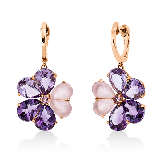 Ohrschmuck 18 kt RG, 4 Ros.quarz 2,40 ct ros, 4 Ame 3,70 ct pink, 4 Ame 3,60 ct lila, 2 Tur 0,20 ct pink
