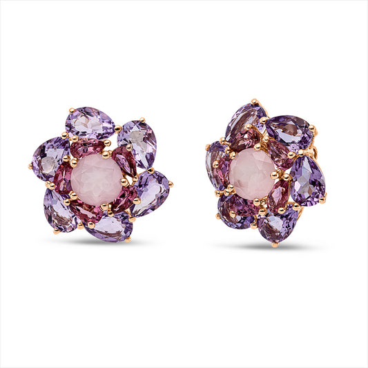 Ohrschmuck 18 kt RG, 10 Turmalin 1,90 ct pink, 2 Rosenquarz 2,80 ct rosé, 12 Amethyste 7,00 ct pink