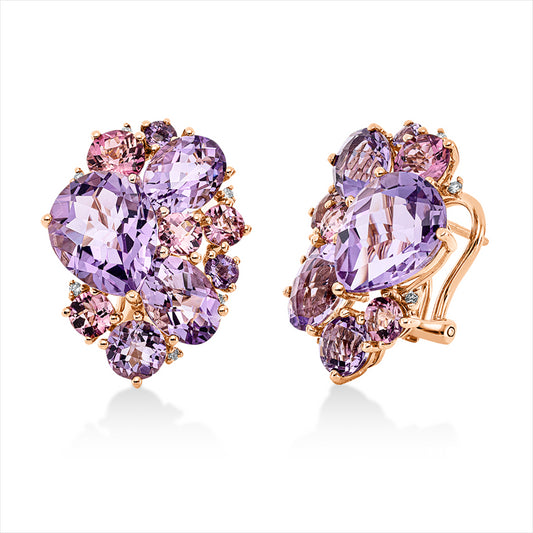 Ohrschmuck 18 kt RG, 12 Brill. 0,11 ct, TW-si, 12 Amethyste 12,50 ct pink, 8 Turmalin 2,80 ct pink