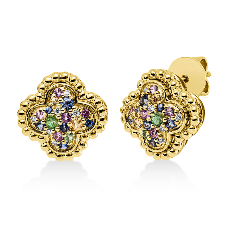 Ohr.r 18 kt GG, 12 Br. 0,07 ct, TW-si, 10 Sap 0,20 ct pink, 4 Tsa 0,17 ct, 12 Sap 0,30 ct, 4 Sap 0,15 ct gelb