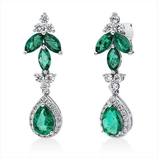 Ohrschmuck 18 kt WG, 46 Brill. 0,77 ct, F-vsi, 8 Smaragde 3,14 ct grün