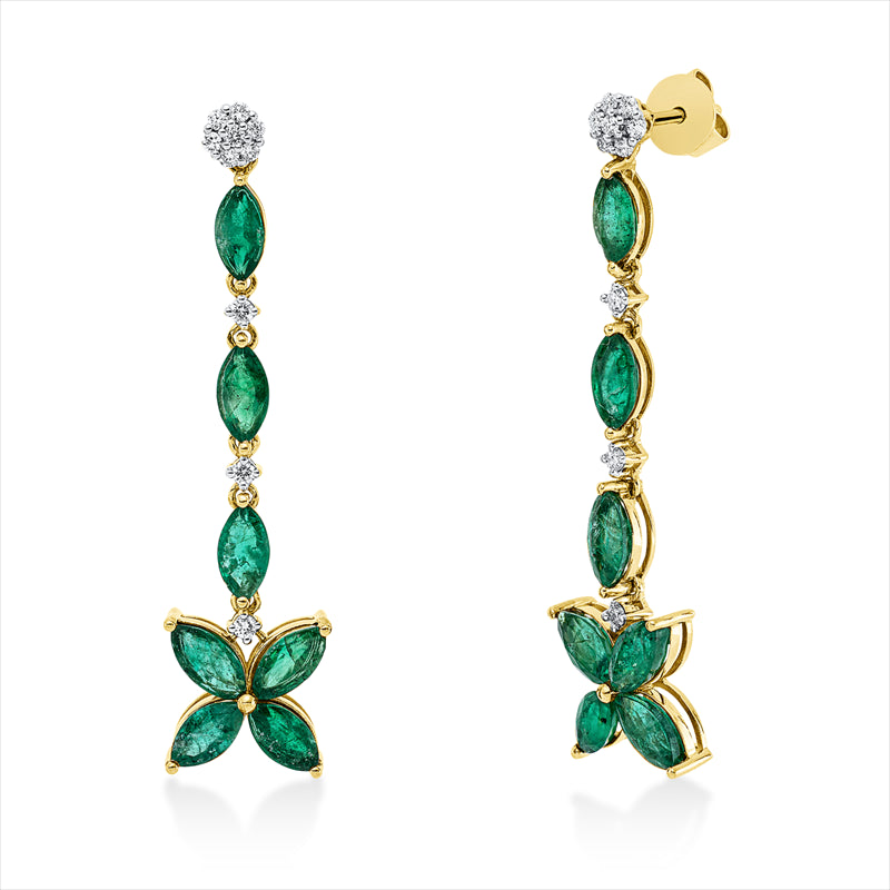 Ohrschmuck 18 kt GG, Fassung rhodiniert, 20 Brill. 0,19 ct, F-vsi, 14 Smaragde 4,19 ct grün