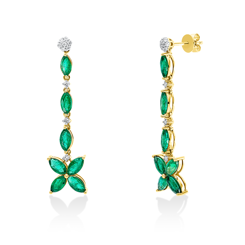 Ohrschmuck 18 kt GG+WG, 20 Brill. 0,19 ct, F-vsi, 14 Smaragde 4,19 ct grün