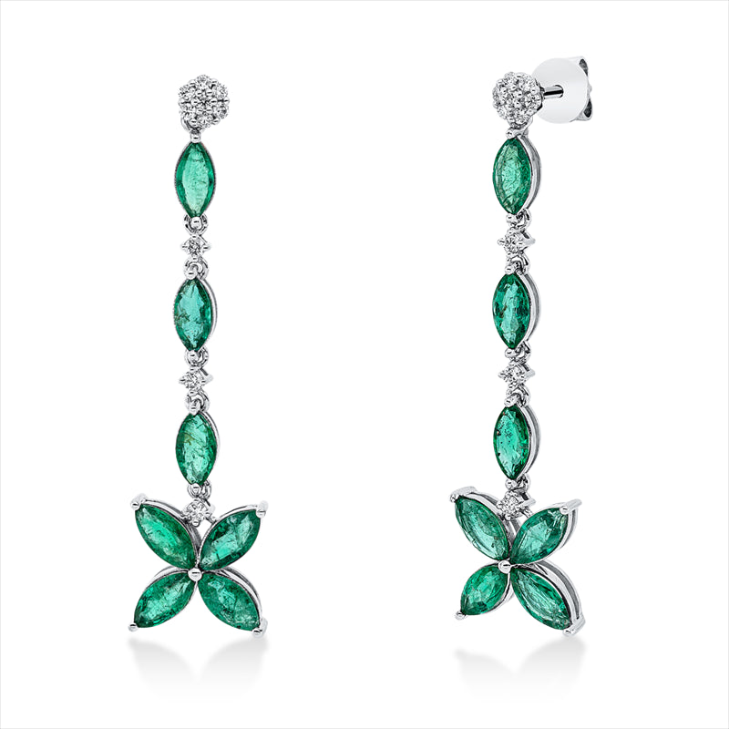 Ohrschmuck 18 kt WG, 20 Brill. 0,19 ct, F-vsi, 14 Smaragde 2,81 ct grün