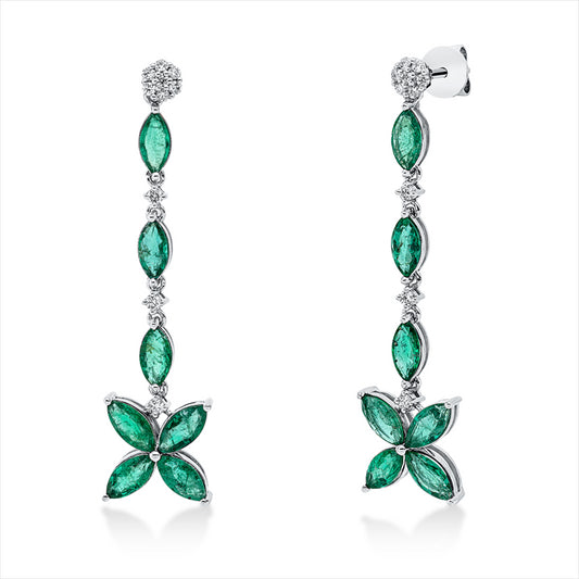 Ohrschmuck 18 kt WG, 20 Brill. 0,19 ct, F-vsi, 14 Smaragde 2,81 ct grün