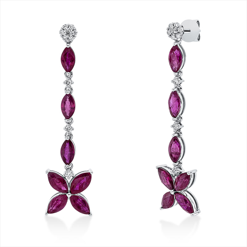 Ohrschmuck 18 kt WG, 20 Brill. 0,19 ct, F-vsi, 14 Rubine 4,93 ct rot