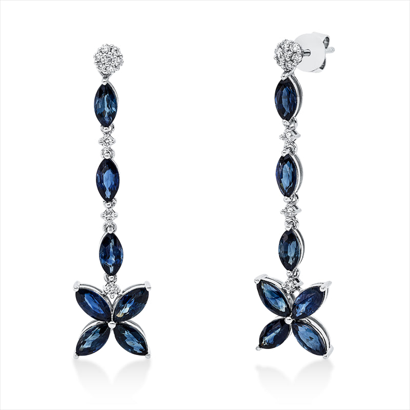 Ohrschmuck 18 kt WG, 20 Brill. 0,19 ct, F-vsi, 14 Saphire 5,36 ct blau