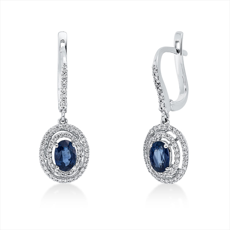Ohrschmuck 18 kt WG, 112 Brill. 0,49 ct, F-vsi, 2 Saphire 1,47 ct blau