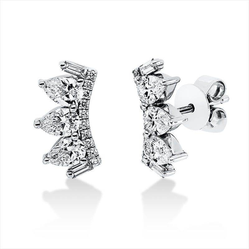 Ohrstecker 18 kt WG, 4 Bag. 0,09 ct, TW-vsi, 6 Tropfen 0,89 ct, TW-vsi, 20 Brill. 0,08 ct, TW-vsi