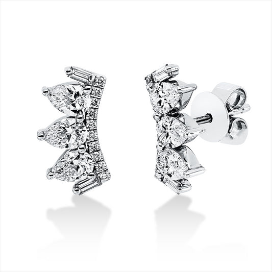 Ohrstecker 18 kt WG, 4 Bag. 0,09 ct, TW-vsi, 6 Tropfen 0,89 ct, TW-vsi, 20 Brill. 0,08 ct, TW-vsi