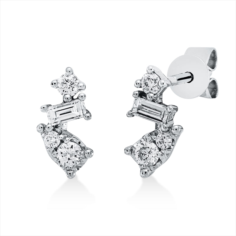 Ohrstecker 18 kt WG, 2 Bag. 0,12 ct, W-si, 6 Brill. 0,17 ct, W-pi