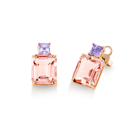 Ohrstecker 18 kt RG, Schraubverschluss, 2 Morganit 8,30 ct pink, 2 Amethyste 0,60 ct pink