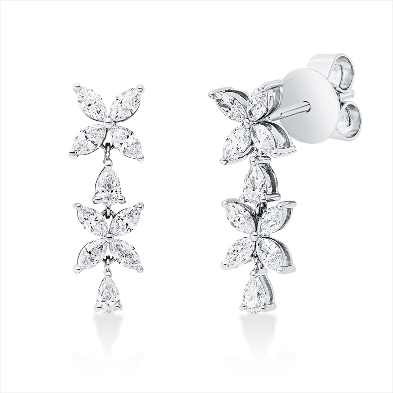 Ohrstecker 18 kt WG, 4 Tropfen 0,19 ct, TW-si, 16 Nav. 0,71 ct, TW-si