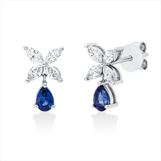 Ohrstecker 18 kt WG, 8 Nav. 0,35 ct, TW-si, 2 Saphire 0,38 ct blau