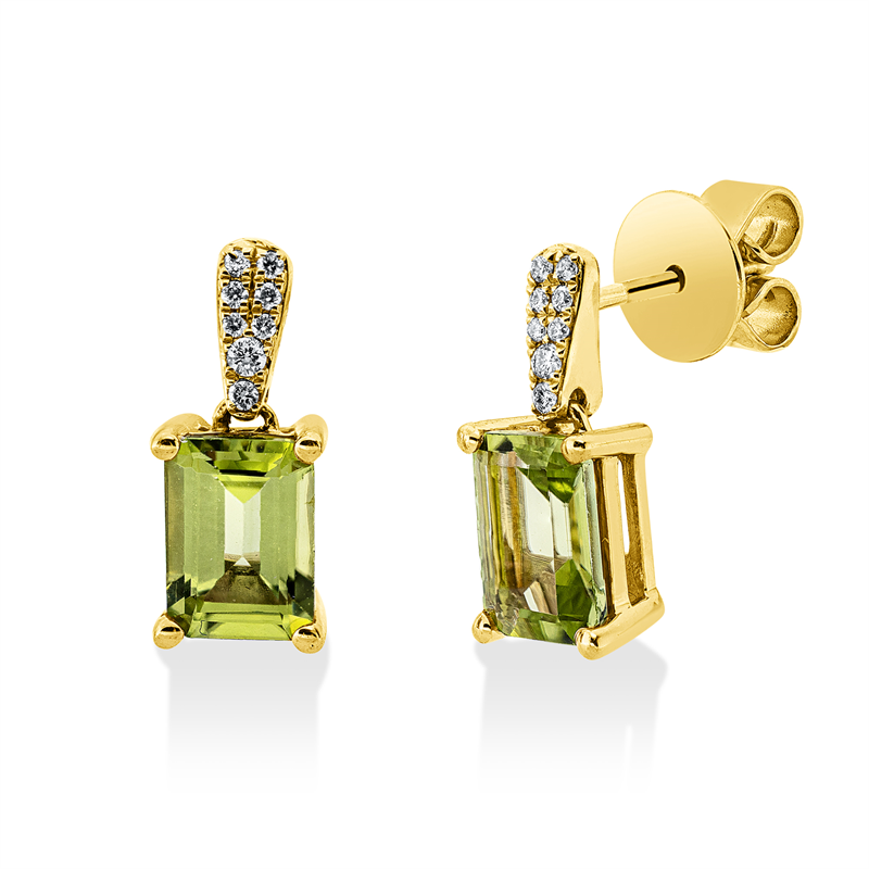 Ohrschmuck 18 kt GG, 16 Brill. 0,07 ct, TW-si, 2 Peridot 1,96 ct grün
